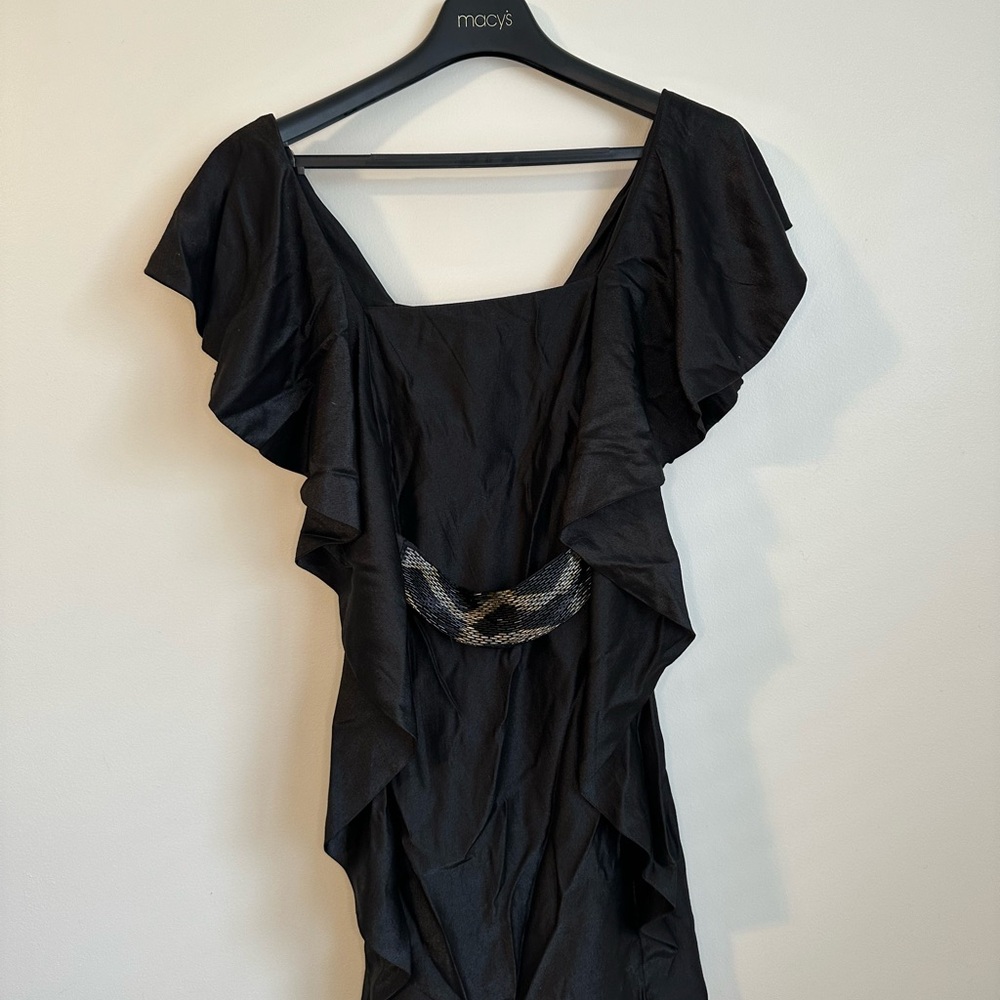 MM Couture Black Asymmetrical Dress with Gold Beaded Belt